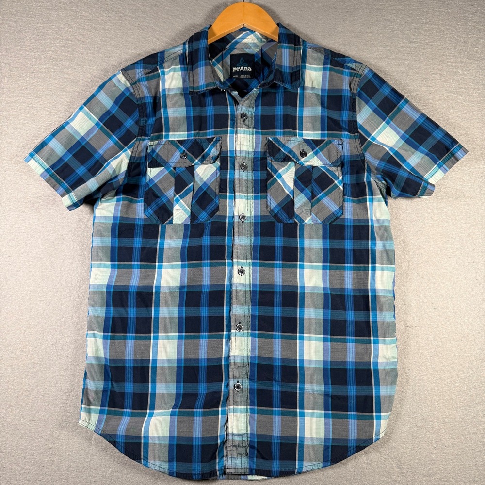 Prana Mens Medium Blue Teal Plaid Short Sleeve Button Up Hiking Shirt